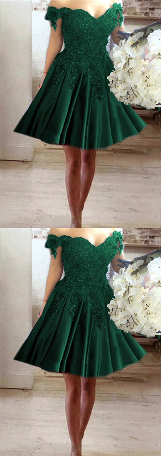 A-line V-neck Off Shoulder Lace Flower Beaded Prom Short Dresses For Homecoming M3561