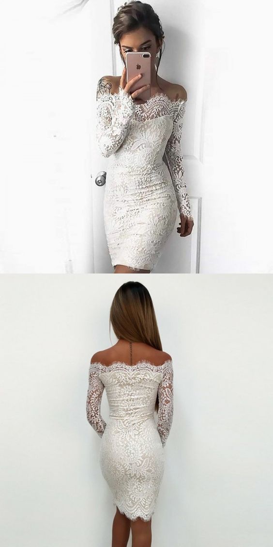 Off-the-shoulder Long Sleeves White Lace Prom Homecoming Dress M3567