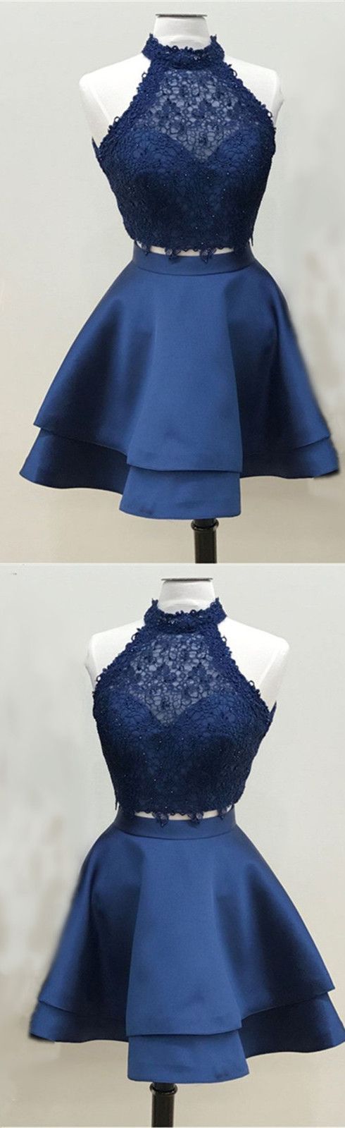 Navy Blue Homecoming Dresses Two Piece Prom Short Dress Lace Crop Top M3624