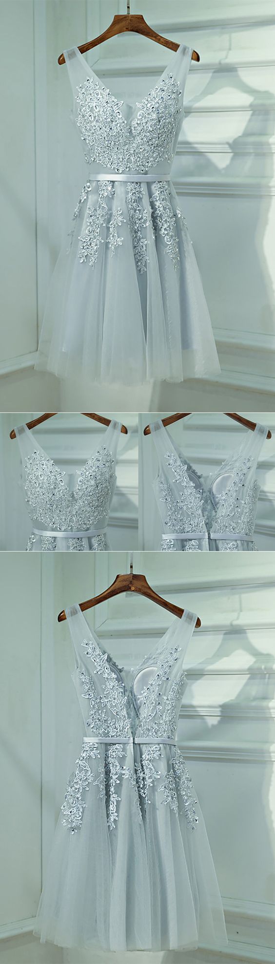 Homecoming Dresses Silver V-neck Short Lace Reception Party Dress V-neck M3664