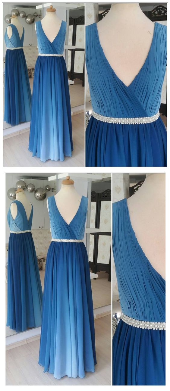 Ombre Blue Simple Prom Dresses Plus Size V Neck Beaded Long Maxi Formal Dresses M3675