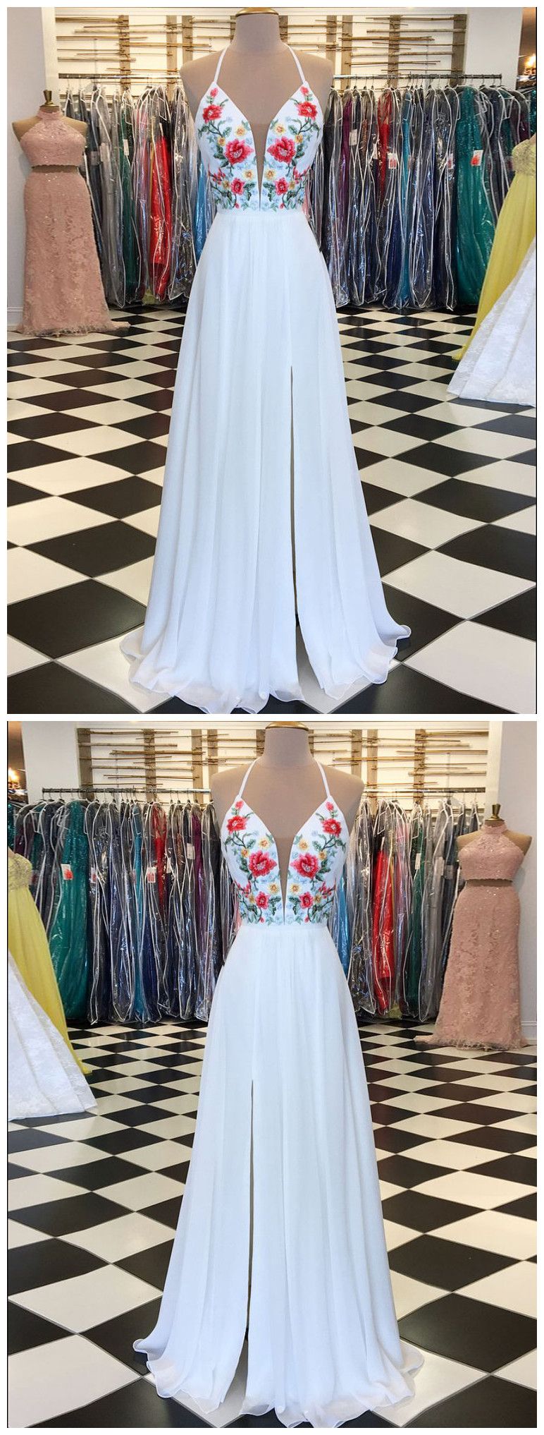 White Prom Dress A-line Floral Embroidery Spaghetti Straps Elegant Prom Dresses Long Evening Dress M3721