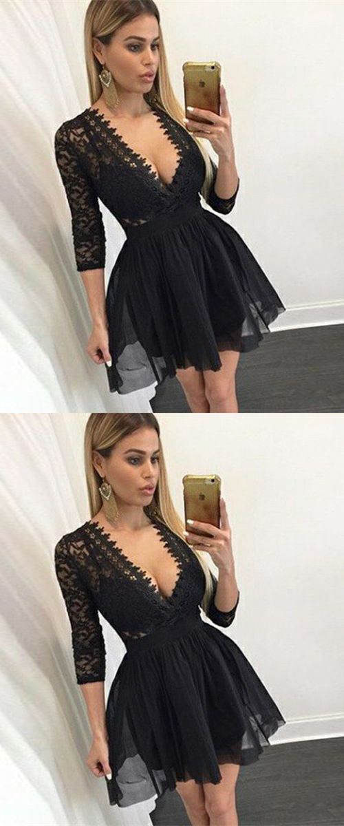 A-line Deep V-neck 3/4 Sleeves Black Chiffon Short Homecoming Dress With Lace M3787