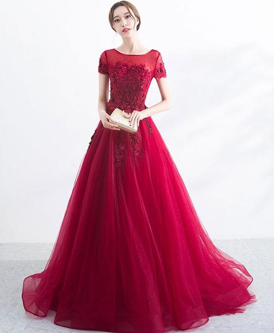 Elegant Round Neck Burgundy Prom Dress, Lace Tulle Long Evening Gown M3809