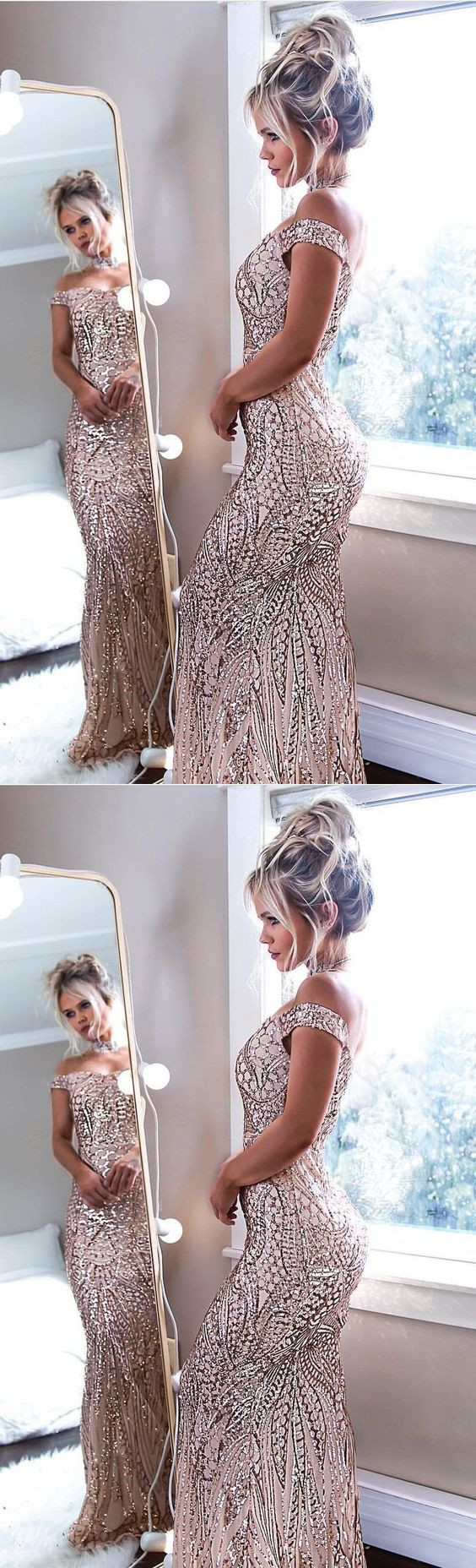 Mermaid Off The Shoulder Floor Length Champagne Prom Dress With Sequins M3811 On Luulla 5449