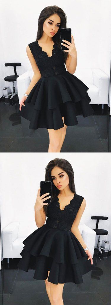 Cute Black Lace A Line Short Prom Dress, Black Homecoming Dress M3817