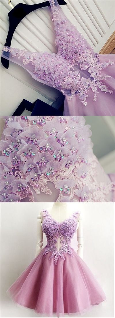 Homecoming Dress V-neck Appliques Lilac Short Prom Dress Party Dress M3857
