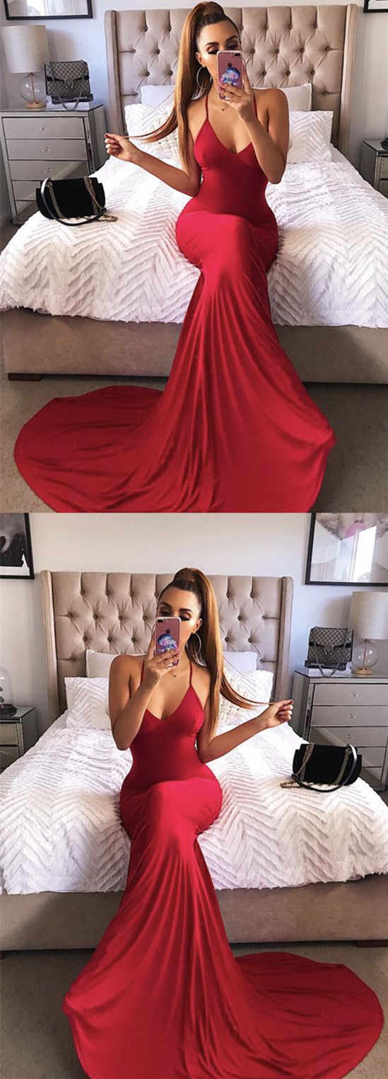 Long Red Jersey Halter Mermaid Backless Prom Dresses For Formal Occasions M3901