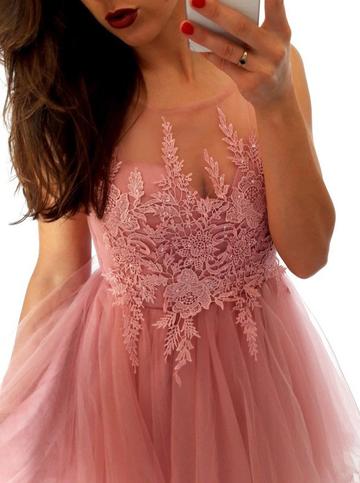 Short A Line Scoop Neck Tulle Homecoming Dress Lace Appliques M3926