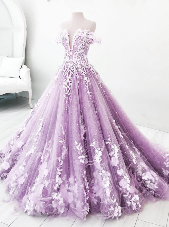 Ball Gown Off-the-shoulder Lilac Tulle Appliques Prom Dress,floor Length Ball Gown Evening Dress,tulle Party Dress M4062