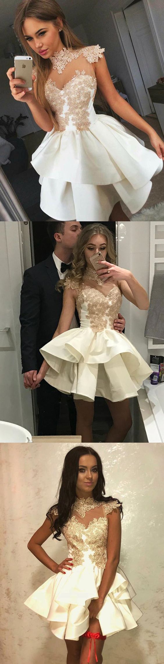 A-Line High Neck White Chiffon Homecoming Dress with Lace  PD011 main image 1