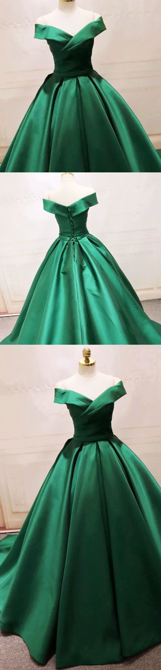 Long Green Satin V-neck Ball Gowns Prom Dresses Off The Shoulder M4377
