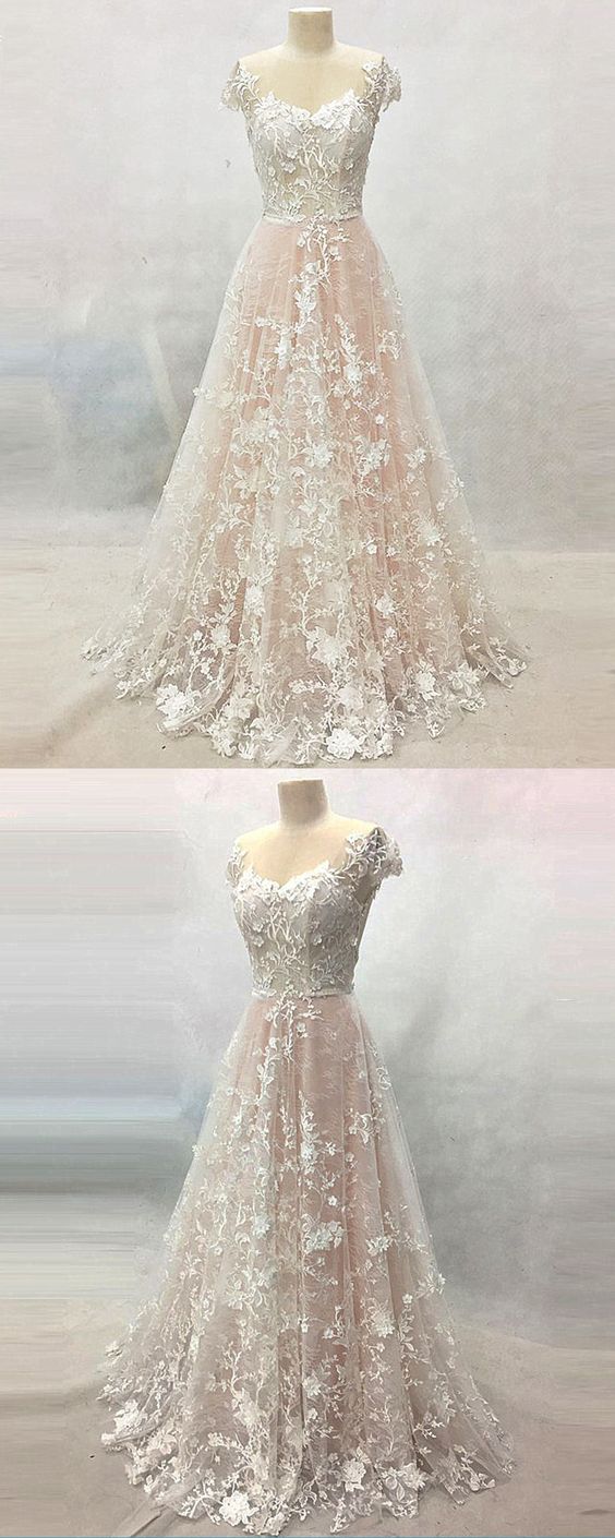 Creamy Lace Backless Long Cap Sleeves Formal Prom Dress, Long Lace Evening Dress M4413