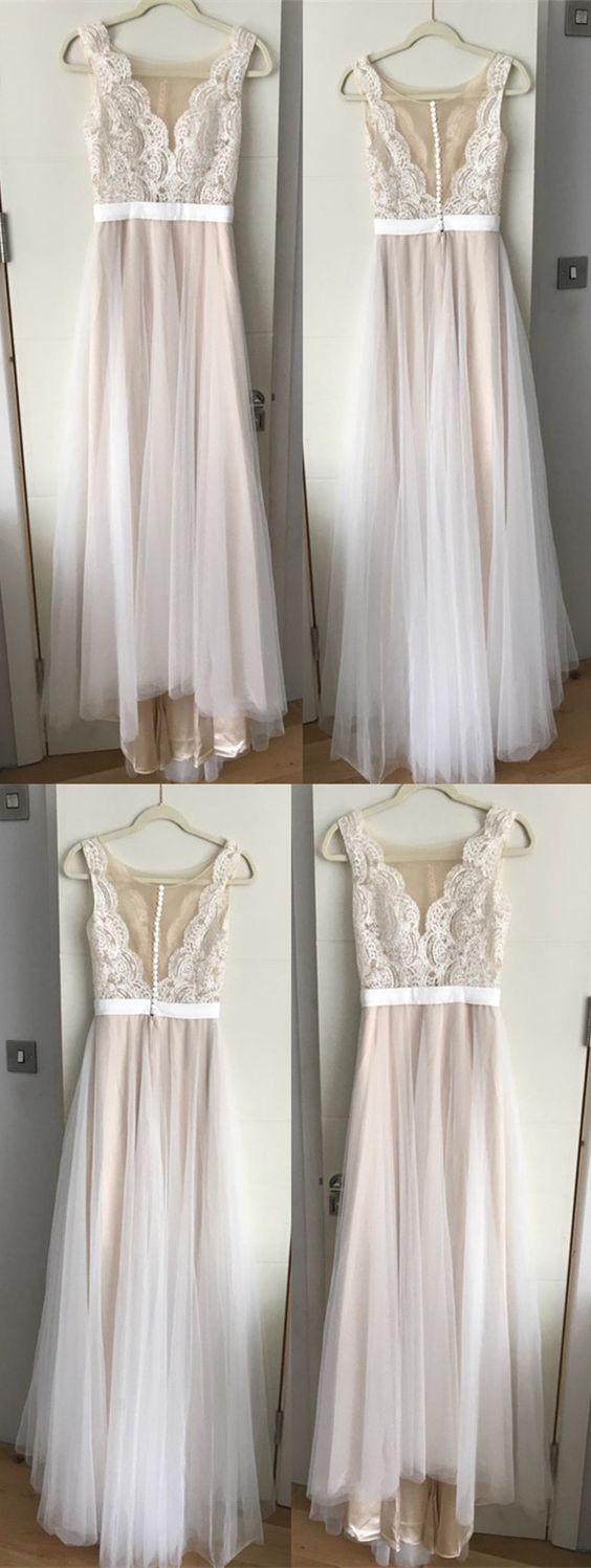 Boho Lace Appliques Tulle Long Wedding Dresses Beach M4452
