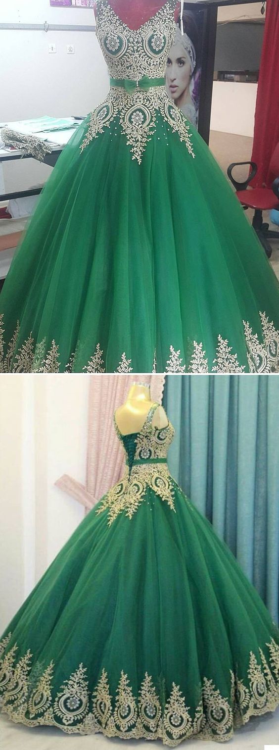 A Line Green Tulle Quinceanera Dress Lace Appliques Ball Gown main image 1