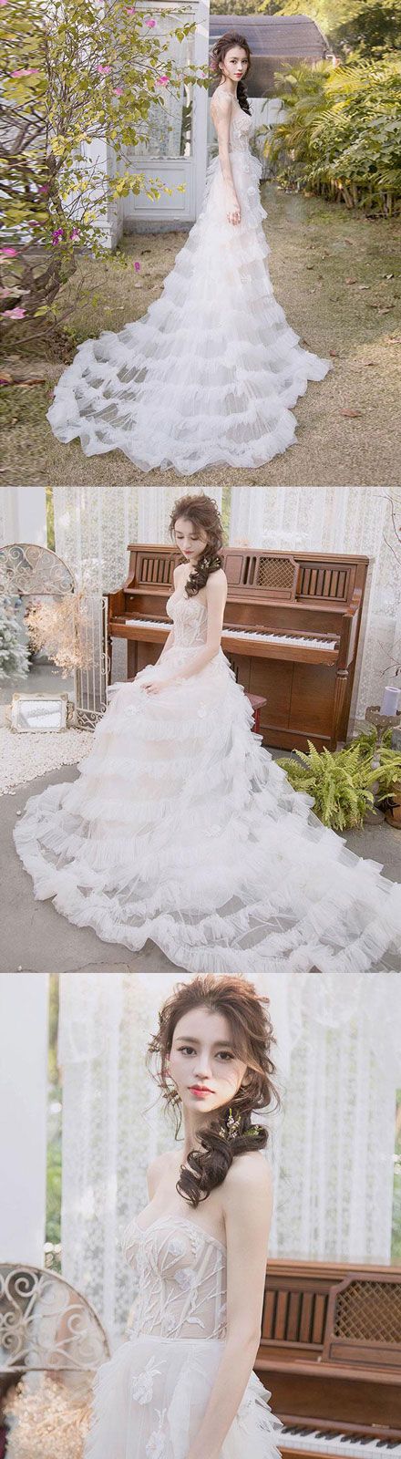 Unique White Tulle Lace Long Prom Dress, White Wedding Dress M4617