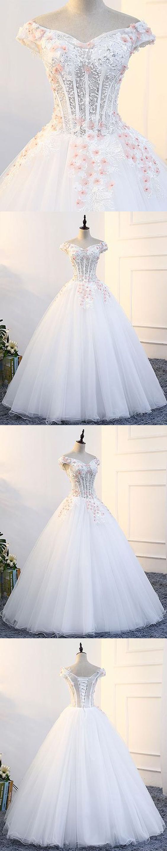 2018 Evening Gowns | White Tulle Off Shoulder Prom Gown Wedding Dress With Cap Sleeves M4655