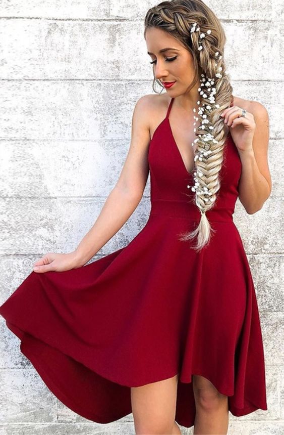 A-line Spaghetti Straps High-low Wine Homecoming Dress M4692