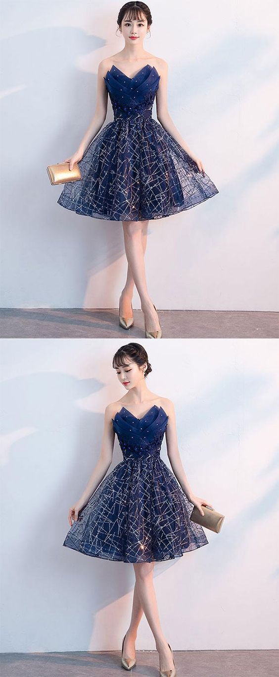 Dark Blue V Neck Tulle Sequin Short Prom Dress, Blue Homecoming Dress M4732