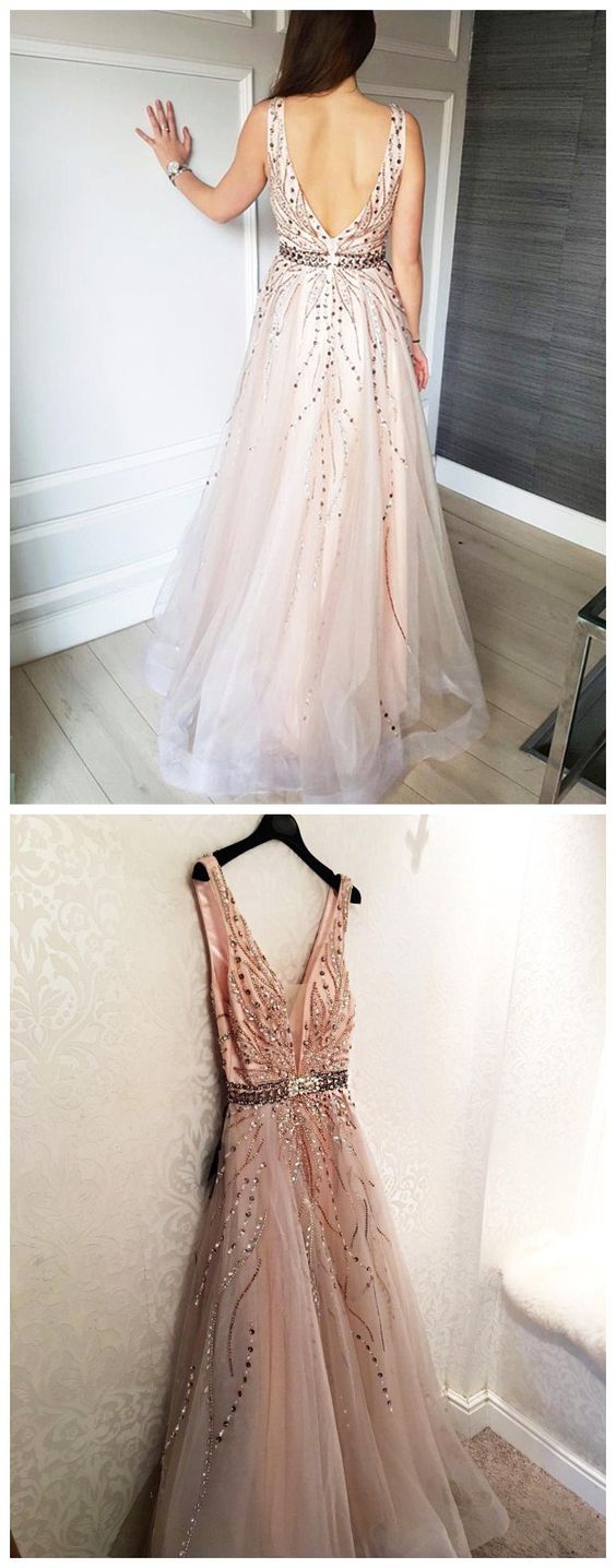 A Line V Neck Tulle Beadings Prom Dress With Flowers LBQ3746