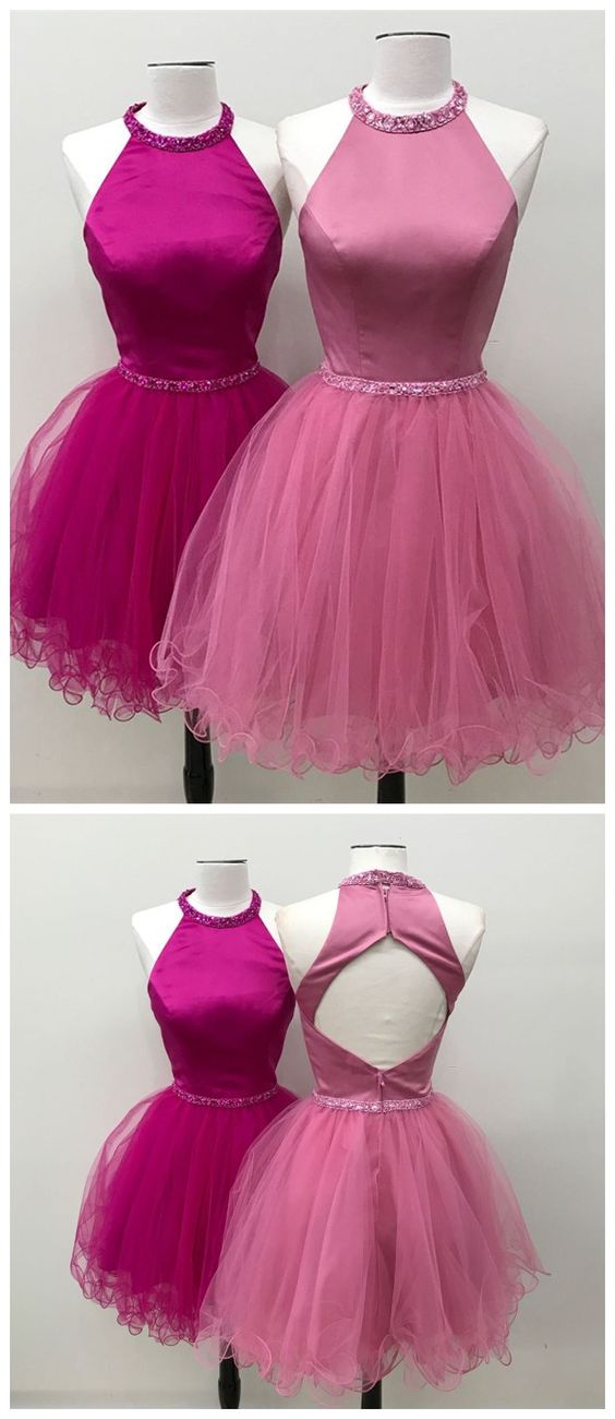 Graceful Satin & Tulle Jewel Neckline A-line Homecoming Dresses M4885