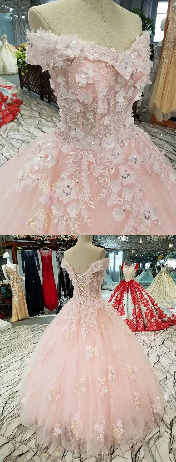 Blush Pink Flowers Tulle Off Shoulder Quinceanera Dresses Ball Gowns M4968