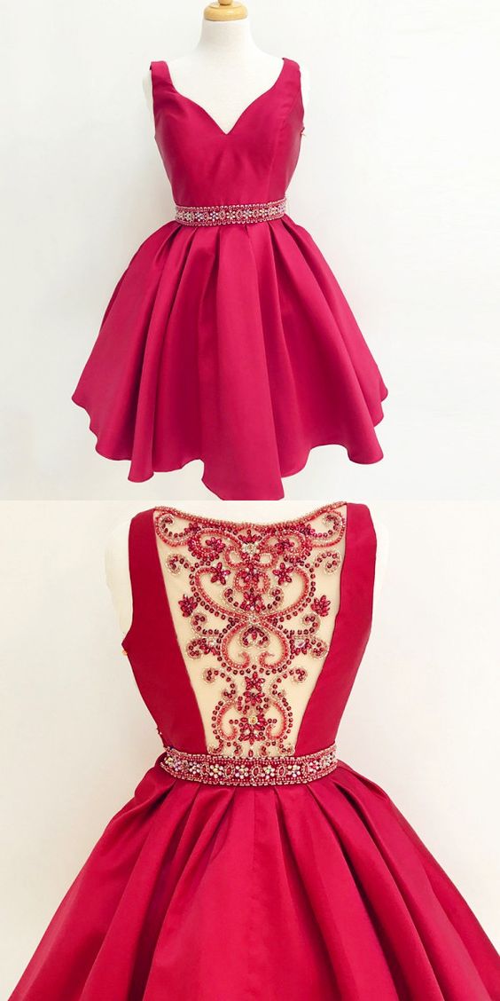 A-line V-neck Beaded Red Satin Short Homecoming Dress M4990
