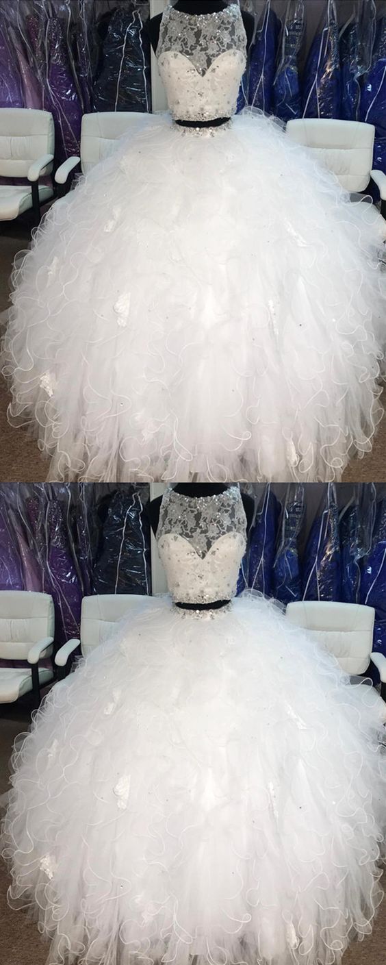 Lace Crop Top Organza Ruffle Ball Gowns Quinceanera Dresses Two Piece M5007