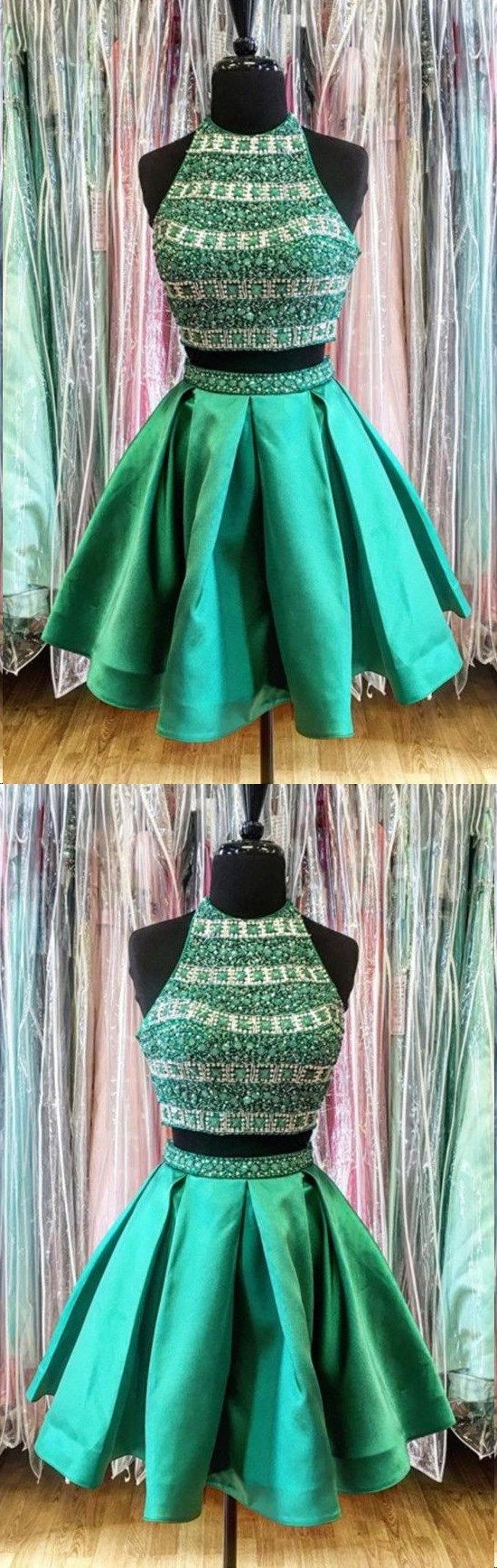 Two Piece Homecoming Dresses Hunter Green Sparkly Short Prom Dress Party Dress M5108