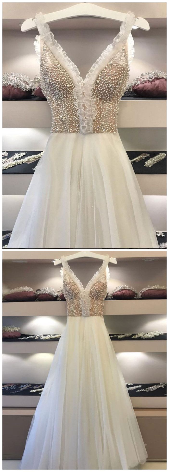 A-line Straps Ivory Prom Dress Unique Beading Prom Dresses Long Evening Dress M5151