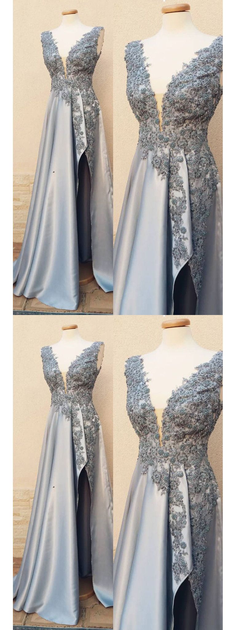 A-line V Neck Silver Prom Dress With Silt Modest Lace Prom Dresses Long Evening Dress M5154