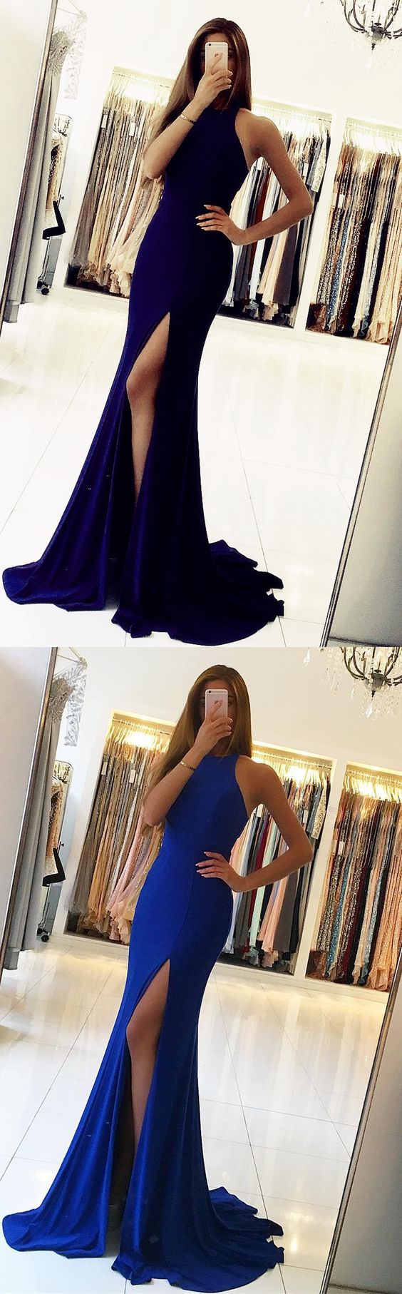 Long Jersey Backless Mermaid Prom Dresses 2018 Split Evening Gowns M5207