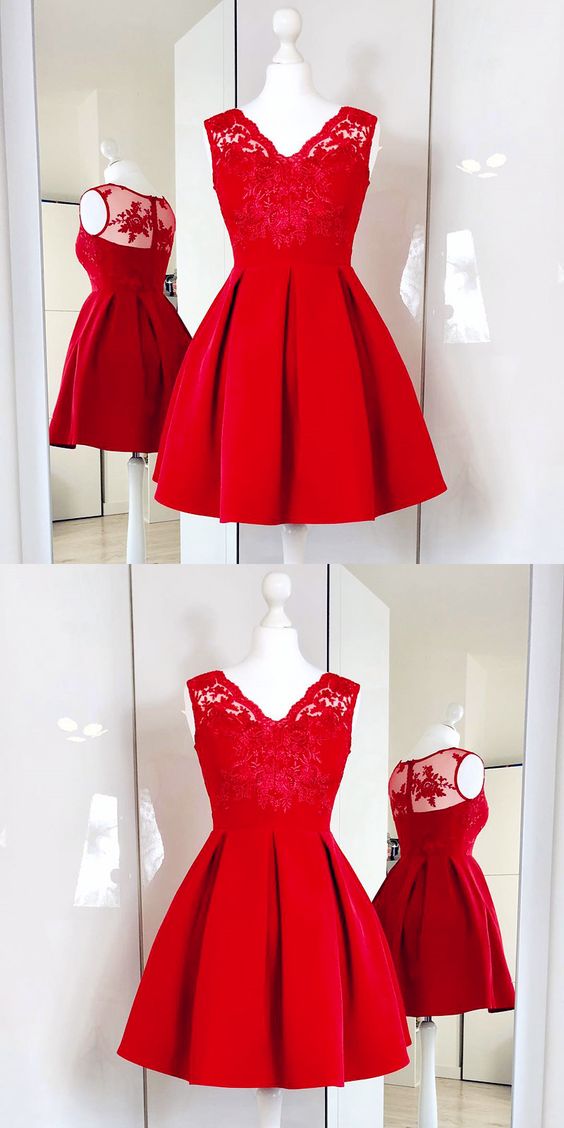 Pretty V Neck Satin Red Short party Dress Formal Homecoming Dress Birthday Outfits main image 1