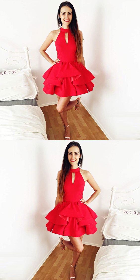 A-line Jewel Keyhole Red Satin Homecoming Dress M5251