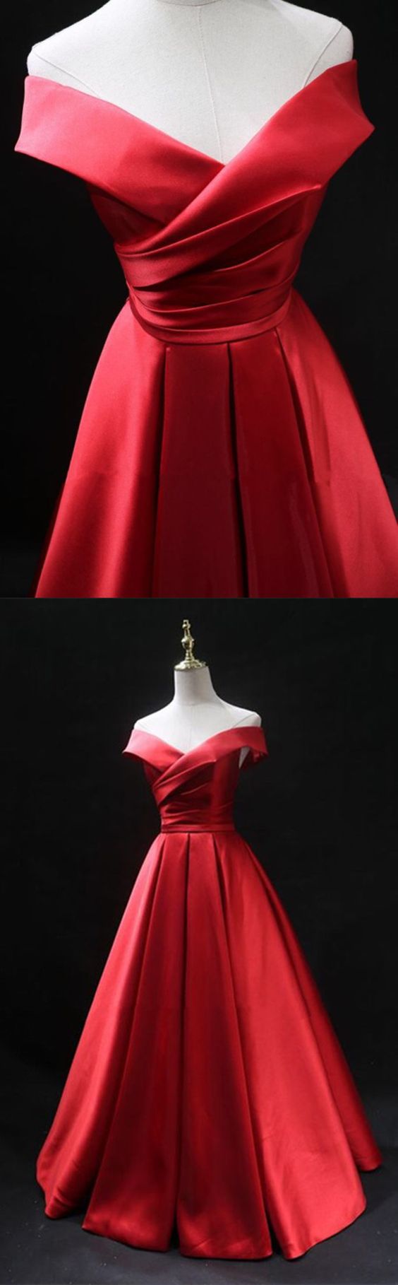 Long Red Satin Prom Dresses 2019 Off The Shoulder Evening Gowns M5315