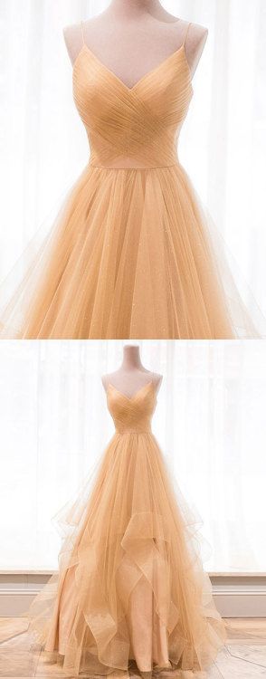 Gold V Neck Tulle Long Prom Dress, Evening Dress M5420