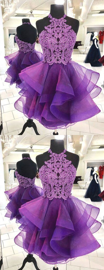Cute Purple Tulle Lace Short Prom Dress, Purple Homecoming Dress M5424