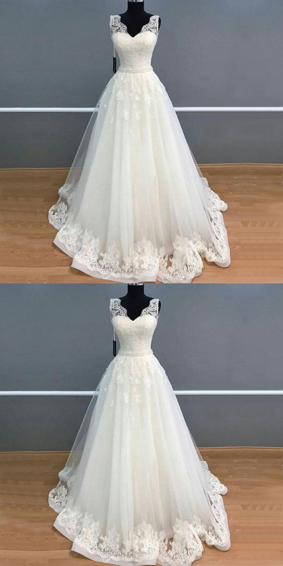Elegant A Line V Neck Long White Lace Tulle Wedding/prom Dress M5428
