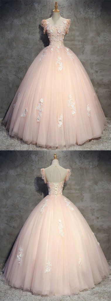 Princess Pink Tulle O Neck Long Formal Prom Dress, Long Lace Evening Dress With Sleeves M5484
