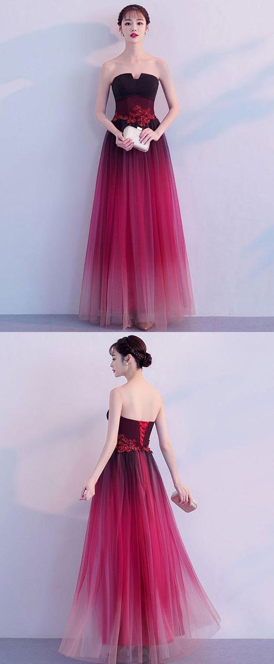 Simple Tulle Burgundy Long Prom Dress, Tulle Bridesmaid Dress M5517