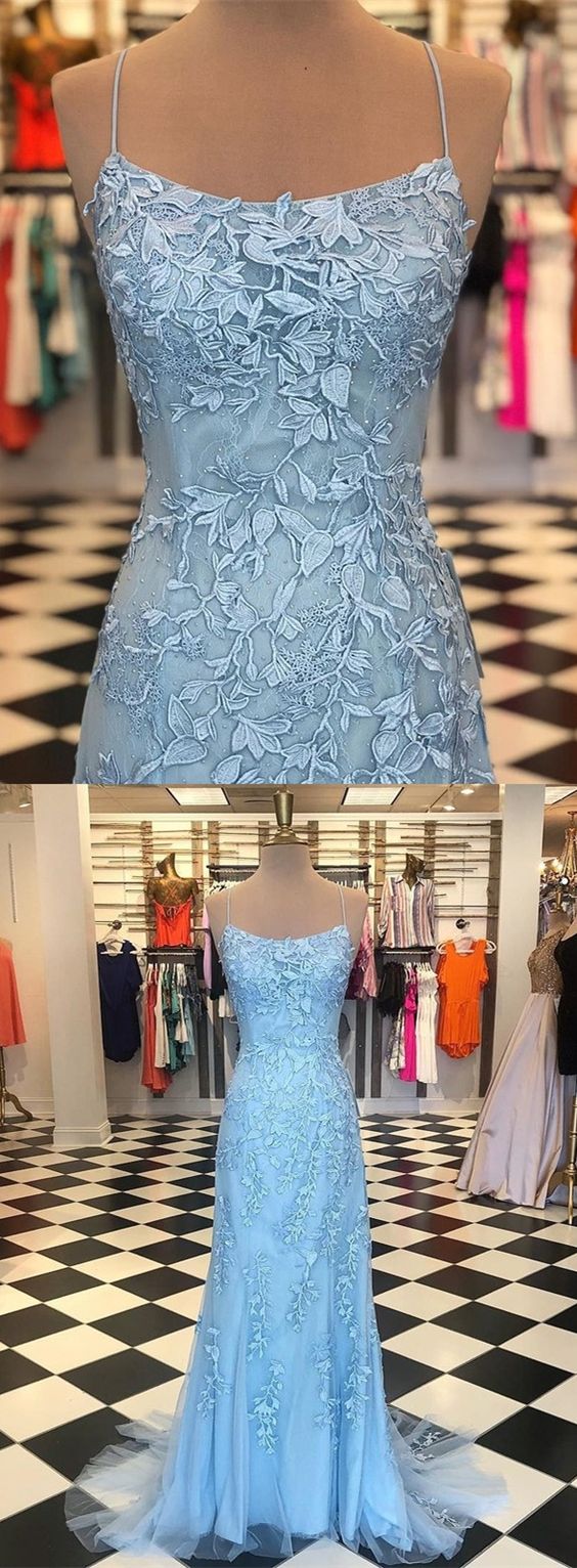 Sheath Spaghetti Straps Lace-up Sweep Train Light Blue Prom Dress With Appliques M5527