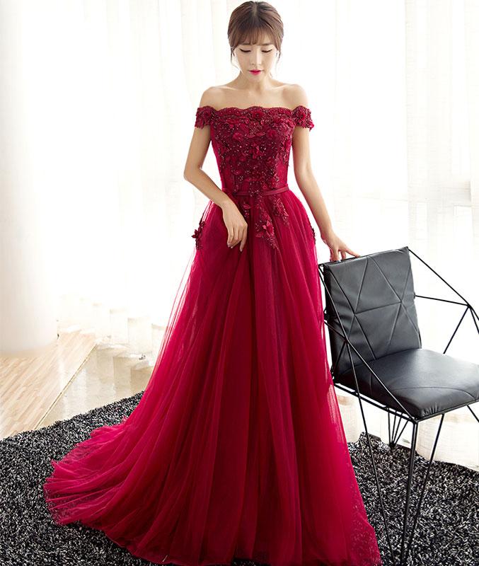 Burgundy Tulle Lace Long Prom Dress, Burgundy Tulle Evening Dress M5592
