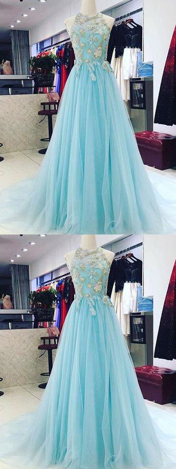 Chic A-line Scoop Blue Prom Dresses Unique Long Prom Dress Evening Dresses M5612