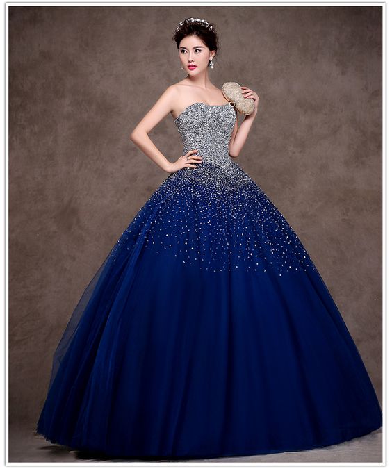 Blue Sweetheart Sequin Tulle Long Prom Dress, Blue Evening Dress M5653