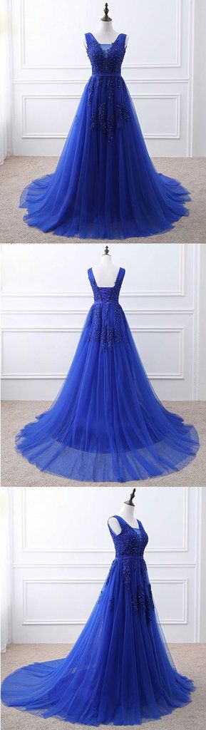 Blue V Neck Tulle Lace Long Prom Dress, Blue Evening Dress M5683