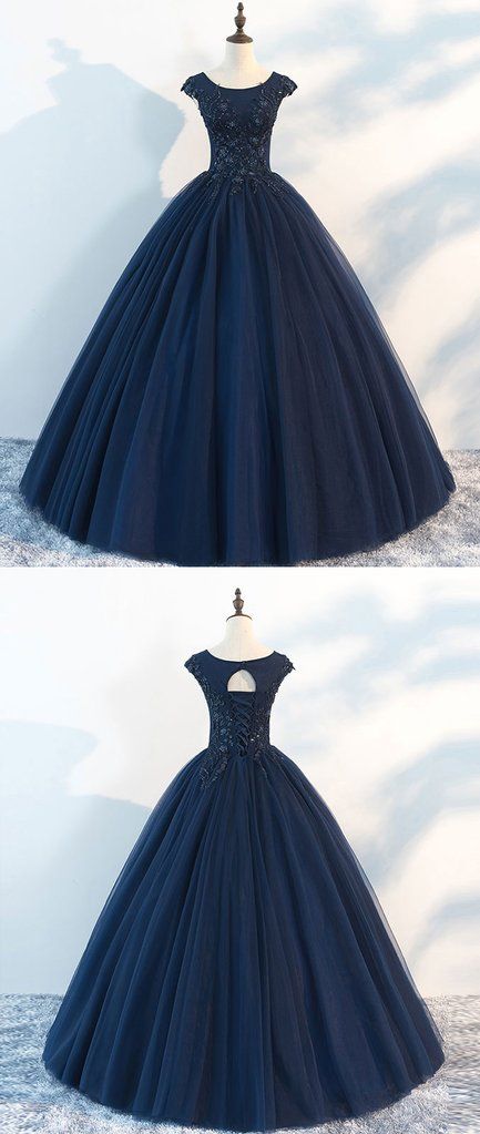 Dark Blue Round Neck Tulle Lace Long Prom Dress, Blue Tulle Lace Evening M5685
