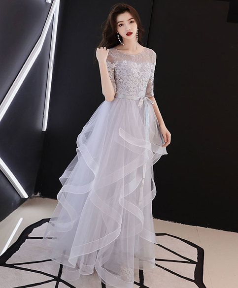 Gray Tulle Lace Long Prom Dress, Gray Tulle Evening Dress M5686