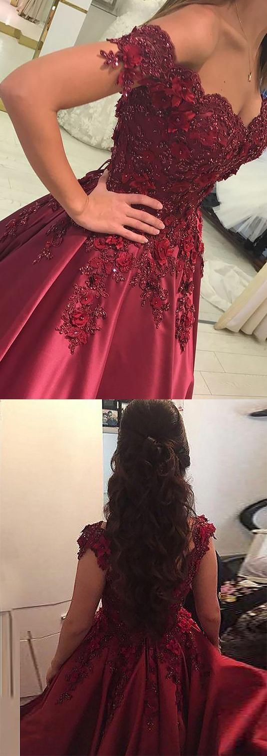 Burgundy Satin Ball Gown Wedding Dresses Lace V-neck Off The Shoulder M5704
