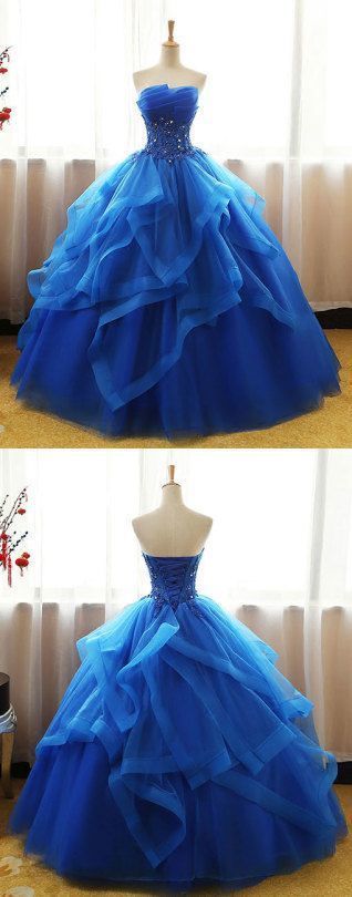 Royal Blue Strapless Organza Long Prom Gown With Waist Beading M5708