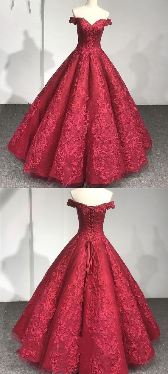 Ball Gown Red Off the Shoulder Tulle Appliques Prom Dresses LBQ3917